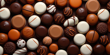 Banner Flat lay of various chocolate candies background, Mixed collection, AI Generativeの素材