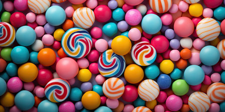 Banner Flat lay of various colorful candies background, Mixed collection, AI Generativeの素材