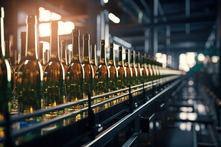 Glass bottles of wine on conveyor belt manufacturing plant, Ai Generative.の素材