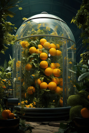 Biotechnologies, Germination cellular plant citrus in a dome in a lab artificial greenhouse, pharma and biotech industry, AI Generative.の素材