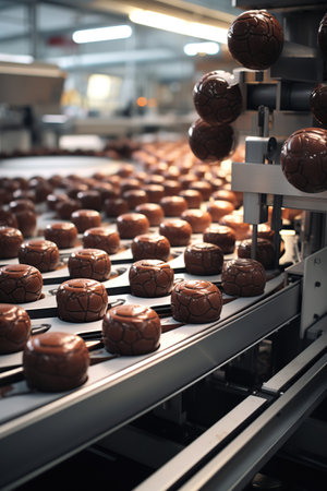 A close-up view of chocolate candies being molded on a production line in a confectionery factory, with a warm lighting atmosphere, AI Generative.の素材