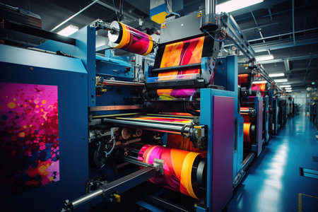 Vibrant offset printing press in action, with freshly inked paper rolling through the machine at night.の素材