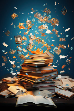 A collection of books appear to float and fly in mid-air, surrounded by magic and mystery in a dimly lit, enchanted setting.の素材