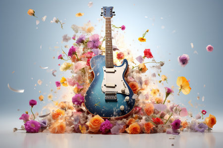 A creative display featuring a electric guitar amidst a burst of vibrant flowers and billowing smoke against a white backdrop, evoking a sense of musical fantasy.の素材