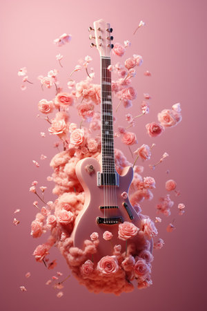 A creative display featuring a electric guitar amidst a burst of vibrant flowers and billowing smoke against a pink backdrop, evoking a sense of musical fantasy.の素材