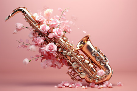 Saxophone appears to be disintegrating into an array of vivid spring flowers and petals in a serene studio setting.の素材
