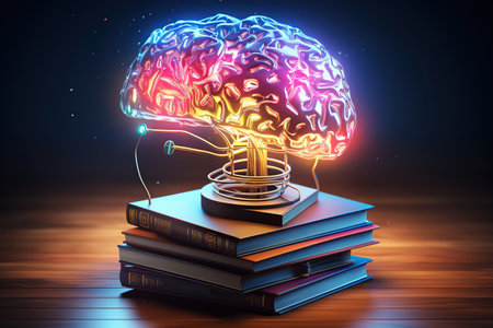 Glowing brain model situated atop a neatly arranged pile of hardcover books, symbolizing knowledge and intellect.の素材