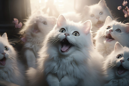 A diverse group of cats with fluffy fur sits and lounges gracefully on vintage furniture in a room bathed in warm sunlight.の素材