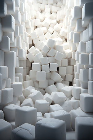 Surreal landscape where mounds and towers of sugar cubes are scattered around a reflective surface under a cloud-filled sky, creating a dreamlike scene.の素材