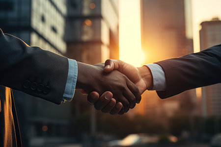 Two professionals are engaged in a firm handshake against a backdrop of a city street bathed in the warm glow of the setting sun.の素材
