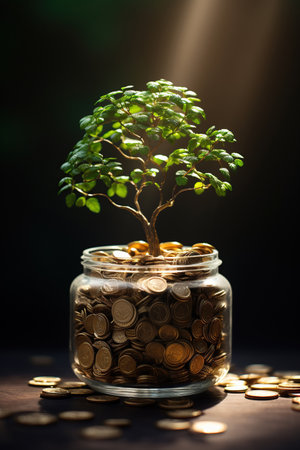 A small tree with fresh leaves grows inside a glass jar placed amidst a pile of shiny golden coins, symbolizing financial growth and investment.の素材
