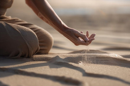 A close-up photo depicts the tranquility of a person seated on the beach, with the focus on their hand gently releasing sand against a backdrop of soft, evening light.の素材