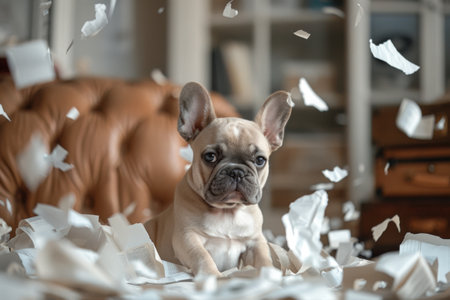 A curious French Bulldog sits amidst a chaotic mess of torn papers on a wooden floor in a cozy living room with leather furniture.の素材