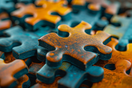 Various colorful puzzle pieces are scattered across a wooden surface, showcasing intricate designs and a worn, textured look in bright natural light.の素材