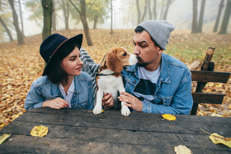 Happy couple enjoying time with their dog. Couple with dog. Family. Beagle.の写真素材