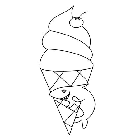 Coloring book for children with the image of ice cream and shark. Childrens coloring for the little ones. Application in printed matter, the manufacture of coloring for children and other applications.の写真素材