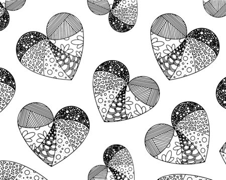 Vector coloring of many hearts from hand draw patterns. Application in printed materials, creating coloring pages for children and adults.Valentines Day, romantic coloring page.のイラスト素材