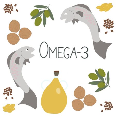 Omega-3 products and the inscription omega-3 in the center. Polyunsaturated fatty acids in flax seeds, rapeseed oil, fish, olives, nuts. A healthy lifestyle concept. Great for healthy magazines and sites and in medical applications.の写真素材