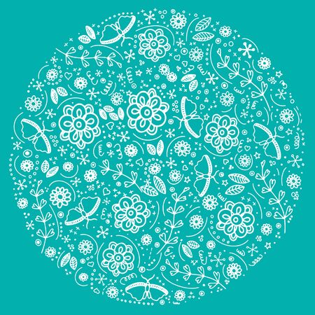 Hand drawn contour vector round shape seamless pattern. Flowers, leaves, abstract elements, cartoon textures. Illustration of patterns. Application in printing, textile, background, design, printing.のイラスト素材