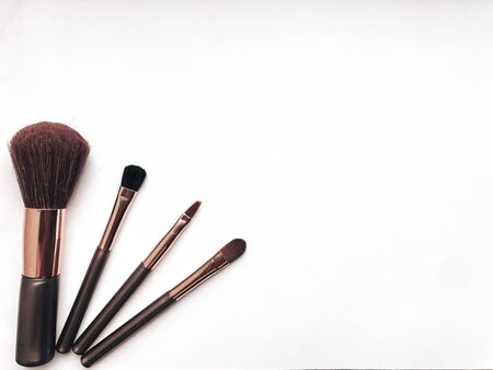 Make-up brushes on a white background. Front view. Beauty concept. Makeup template. Application in the fashion and beauty industry.の写真素材