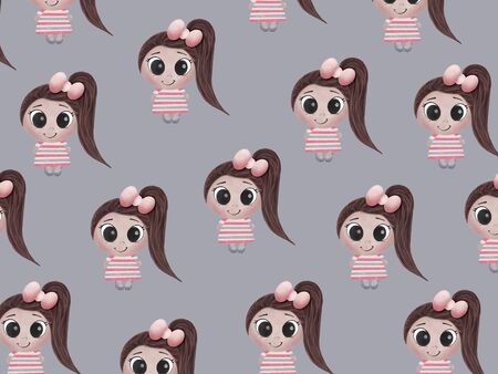 Illustration of a pattern with many cute dark-haired girls in pink and gray with a tail, in a dress and bow on a gray background. Use in children's printed materials, stationery, children's textiles.の写真素材