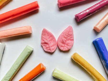 Polymer clay multi-colored and molds for modeling on white background. Creativity and hobbies. DIY products.の写真素材