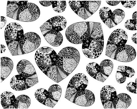 Coloring of many hearts from patterns. Patterns from hearts for a romantic concept.
