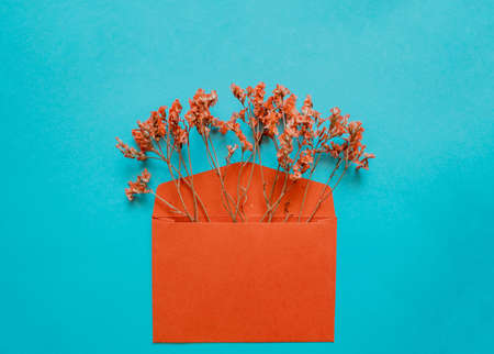 Red envelope with red flowers inside on a blue background.の写真素材