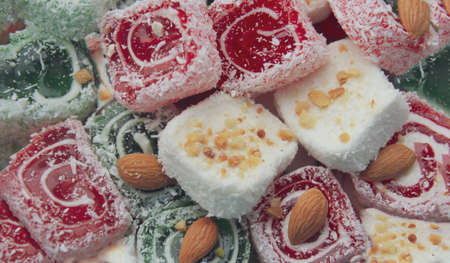 Turkish delight in red, white and green colors close-up. Travel and tourism concep
