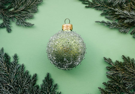 Green christmas ball with some bumps and spruce twig on a green background. Minimal Christmas designの写真素材
