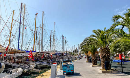 View of the embankment of a resort town in Turkey with boats moored at the pier, palm trees overlooking the mountains and the seaのeditorial素材