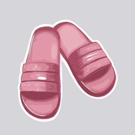 Vector sticker with a white rim featuring pink beach slippers on a gray backgroundのイラスト素材