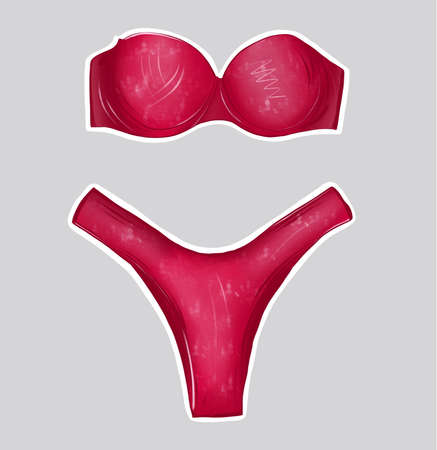 Sticker with a white rim with a fashionable womens bright pink swimsuitの写真素材