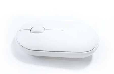 Computer white mouse in hand on a white background in banner format. Computer equipment and...