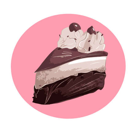 Vector sticker with a piece of cake in brown and beige colors on white background
