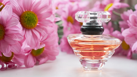 A perfume bottle surrounded by pink chrysanthemum flowers. Eau de toilette, eau de parfum, beauty...