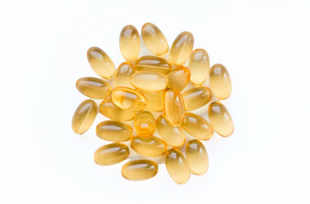 Omega-3 capsules on a white background. Polyunsaturated fatty acids. The concept of a healthy lifestyleの写真素材