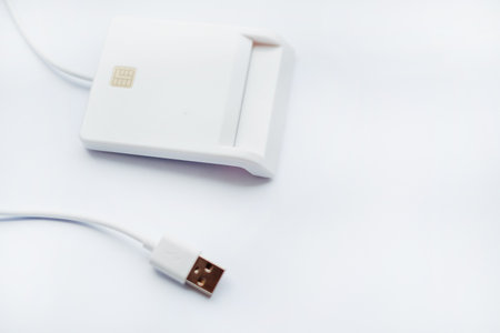 ID card reader digital technology isolated on white background. Flat lay, top viewの写真素材