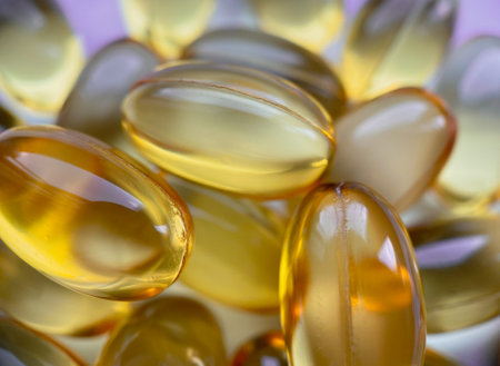 Close-up omega-3 capsules. Polyunsaturated fatty acids. The concept of a healthy lifestyle. Great for magazines and websites in the style of healthy, as well as in medicineの写真素材