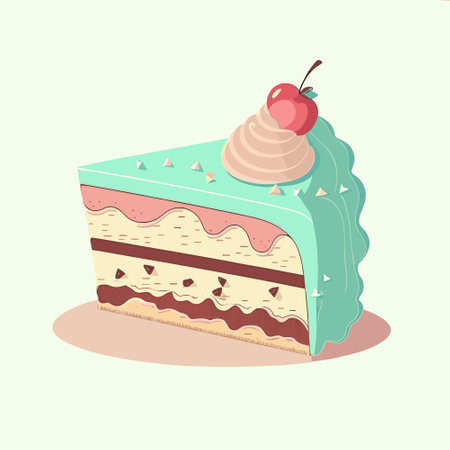 Flat cartoon illustration of cute beautiful piece of cake in pastel colorsのイラスト素材