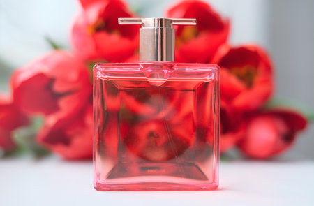 Parfum with flowers on light background. A perfume bottle surrounded by red tulips.の写真素材
