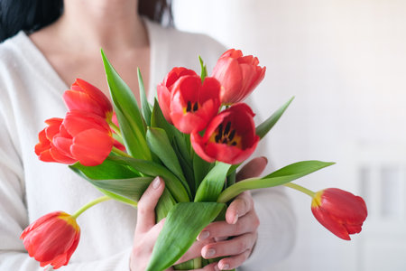 International Womens Day.Close-up of a woman in a white sweater with a bouquet of red tulipsの写真素材