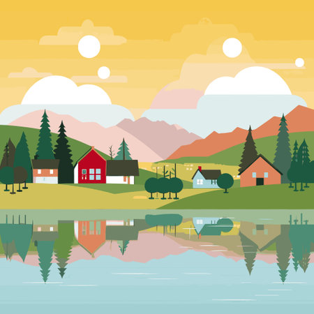 Vector illustration with a simple bright landscape with beautiful houses, lake and mountains in the backgroundのイラスト素材