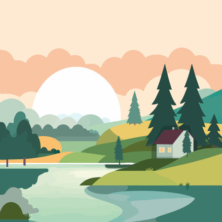 Vector illustration with a simple bright landscape with beautiful houses, lake and mountains in the backgroundのイラスト素材