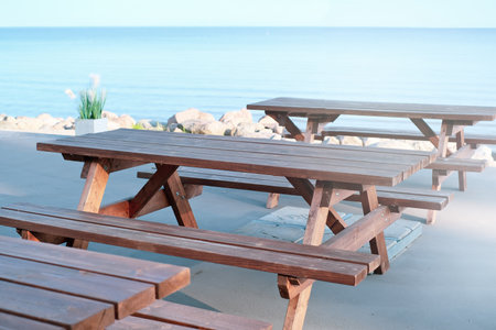 Summer terrace of the restaurant on a clear day. Table near the restaurant close-upの写真素材