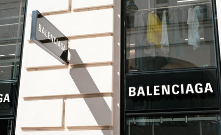 Vienna, Austria - April 22, 2023: Close-up sign of the Balenciaga boutique in the city centerのeditorial素材