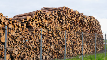 A large number of pine logs stacked neatly in a warehouse in open air territoryの写真素材