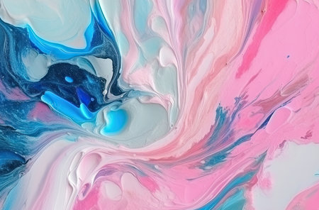 Digital illustration in fluid art style in pink and blue colours. Abstract mixing of colored liquid...