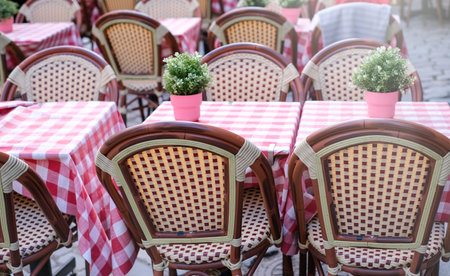 Summer terrace of the restaurant on a clear day. Table near the restaurant close-up