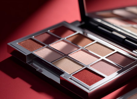 A close-up of pearlescent shimmery palette of pink eyeshadows for creating eye makeupの素材